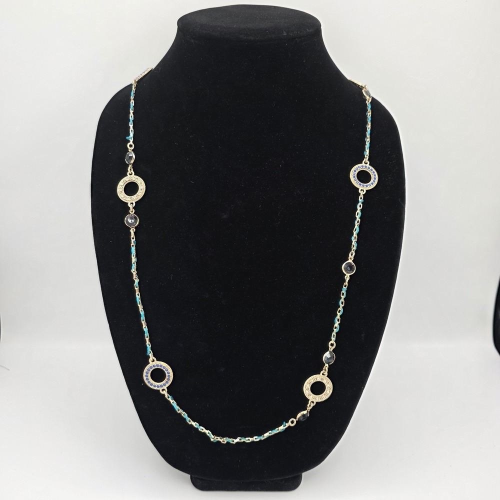 Loft By Ann Taylor Womens Silver Tone Bezel Multicolor Stone Round Rope Boho 35"